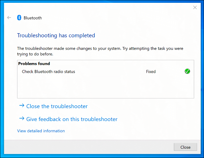 The Windows Troubleshooter tool, with identified Bluetooth issues detected and fixed.