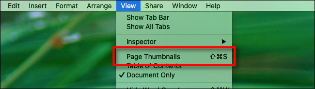 A keyboard shortcut next to "Page Thumbnails" in the "View" menu in "Pages."