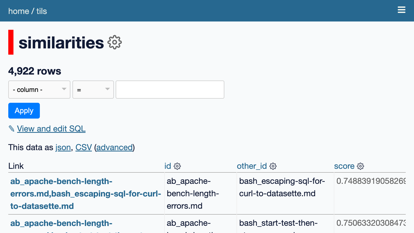 The similarities table has 4,922 rows each with an id, other_id and score column.