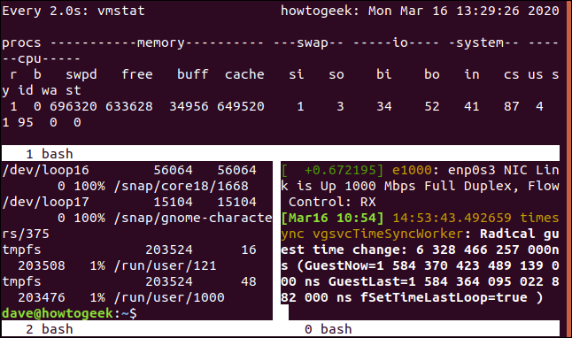 A "screen" session showing three panes in a terminal window.