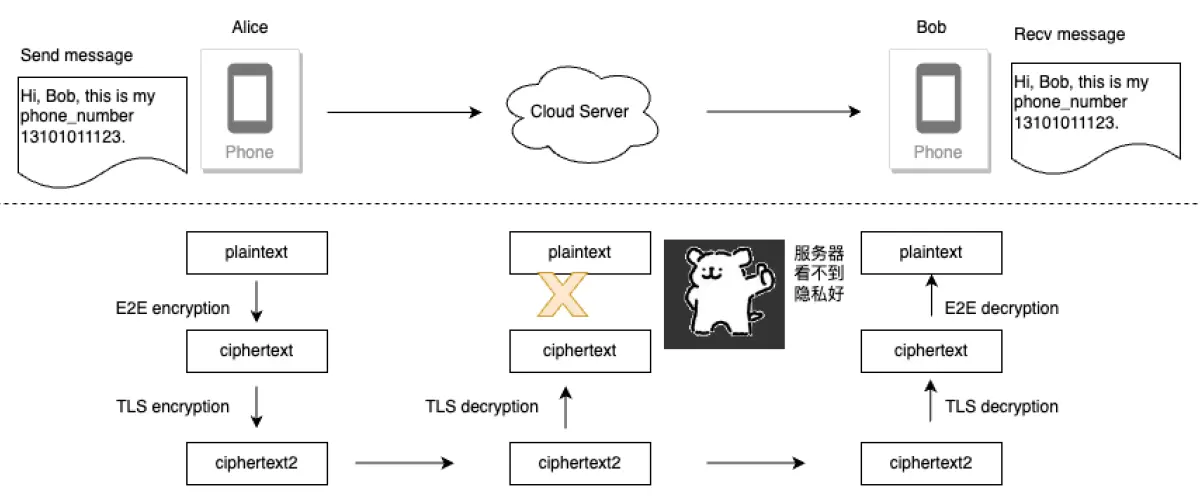 TLS + E2EE，服务器看不到消息明文