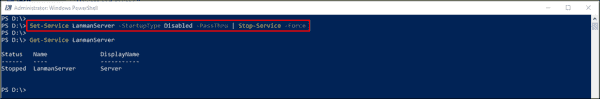 Disabling and stopping the LanmanServer service using PowerShell
