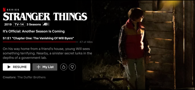 The "Stranger Things" watch page on Netflix.