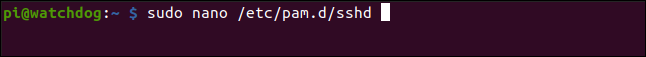 sudo nano /etc/pam.d/sshd in a terminal window.