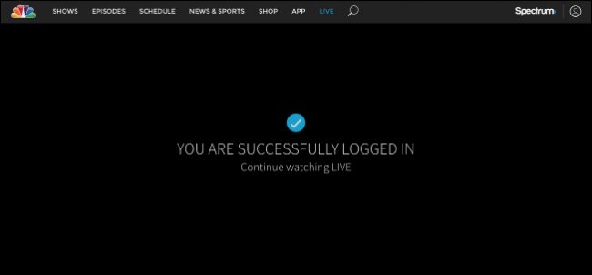 NBC's website showing a successful login.