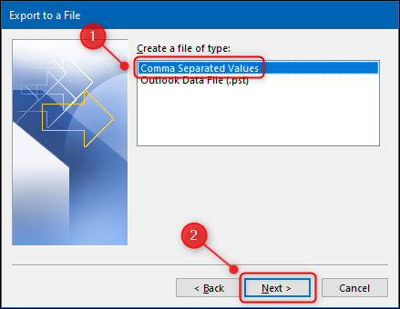 The "Import and Export Wizard" with the "Comma Separated Values" option highlighted.