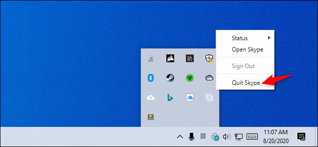 The "Quit Skype" option in Skype's system tray icon on Windows 10.