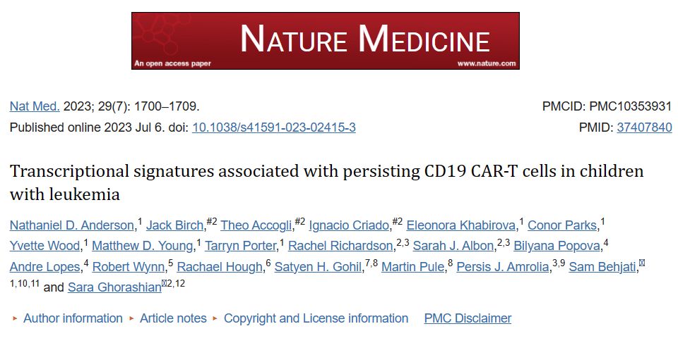 Nat Med | 白血病患儿持续存在CD19 CAR-T细胞的转录特征