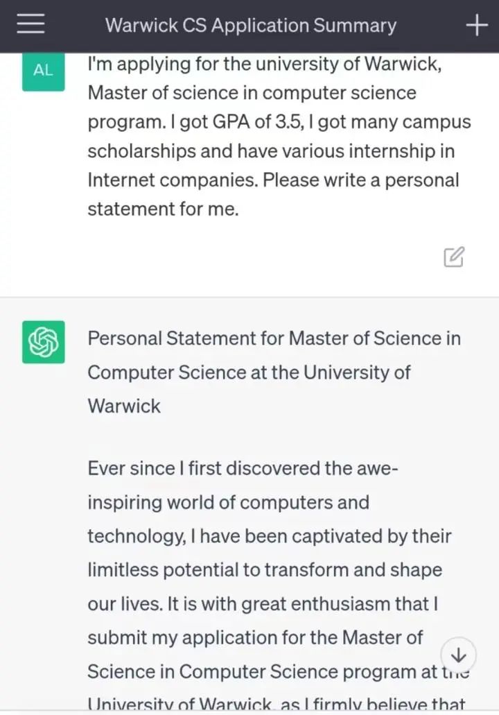 College application written by ChatGPT