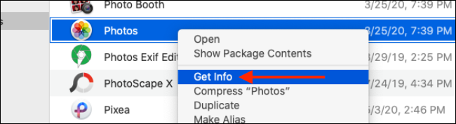 Click Get Info after right clicking on the app