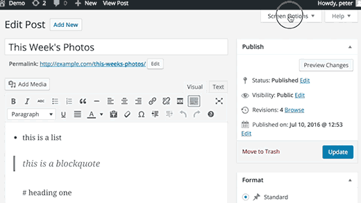 Screen Options menu in WordPress Screen Options menu in WordPress