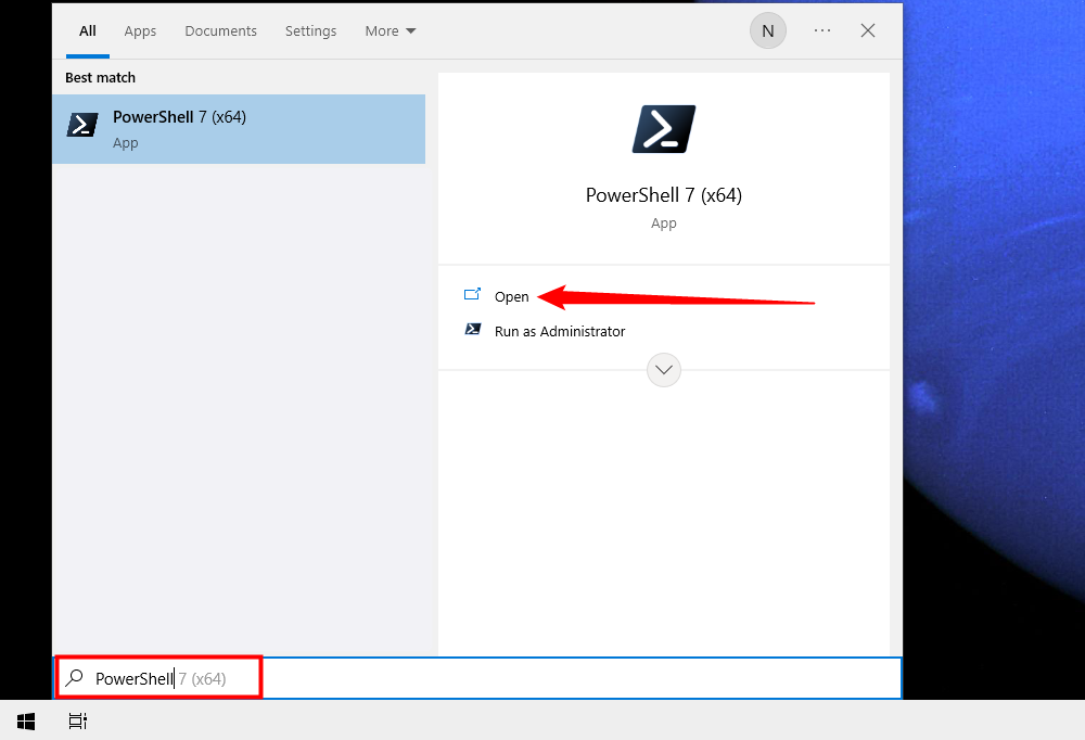 Enter "PowerShell" in the Start Menu search.