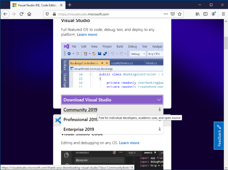 Página de descarga de Visual Studio