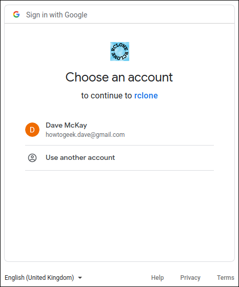 Choosing the Google account to use in a browser window