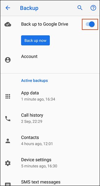 Toggle Back up to Google drive
