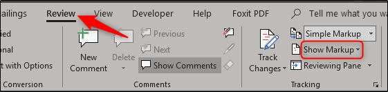 Select the Review tab and click Show Markup