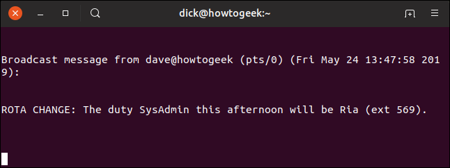 wall message to Dick in a terminal window