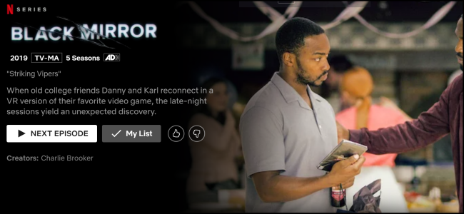 The "Black Mirror" watch page on Netflix.