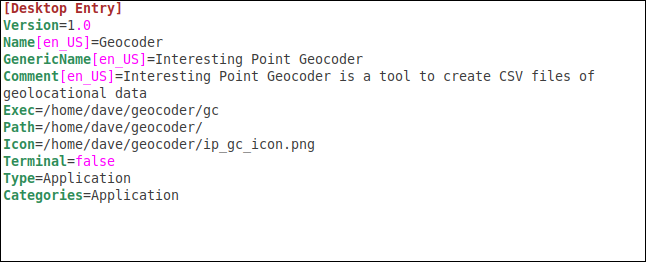 Teh completed .desktop file in the gedit editor