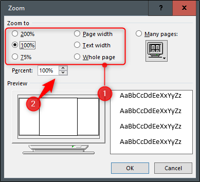 Zoom options in the zoom dialog box