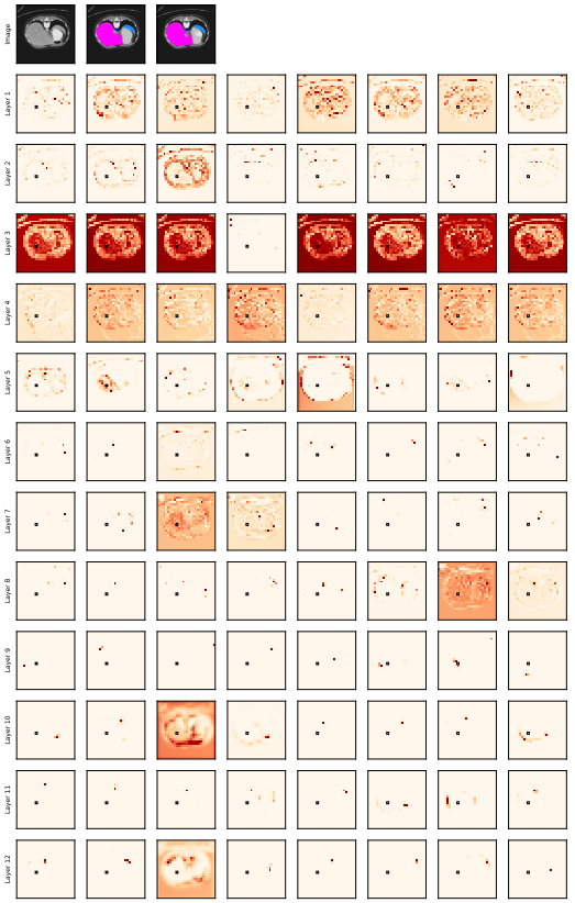 Attention probability of 12 class-aware transformer layers, each with 8 heads