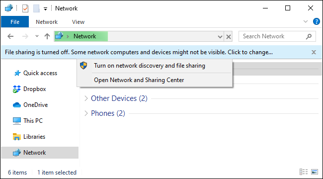 Turning on network file sharing on Windows 10 from File Explorer