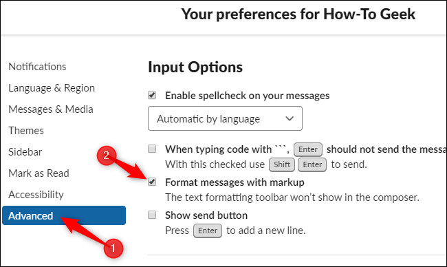 Enabling markup formatting and disabling the new editor toolbar in Slack