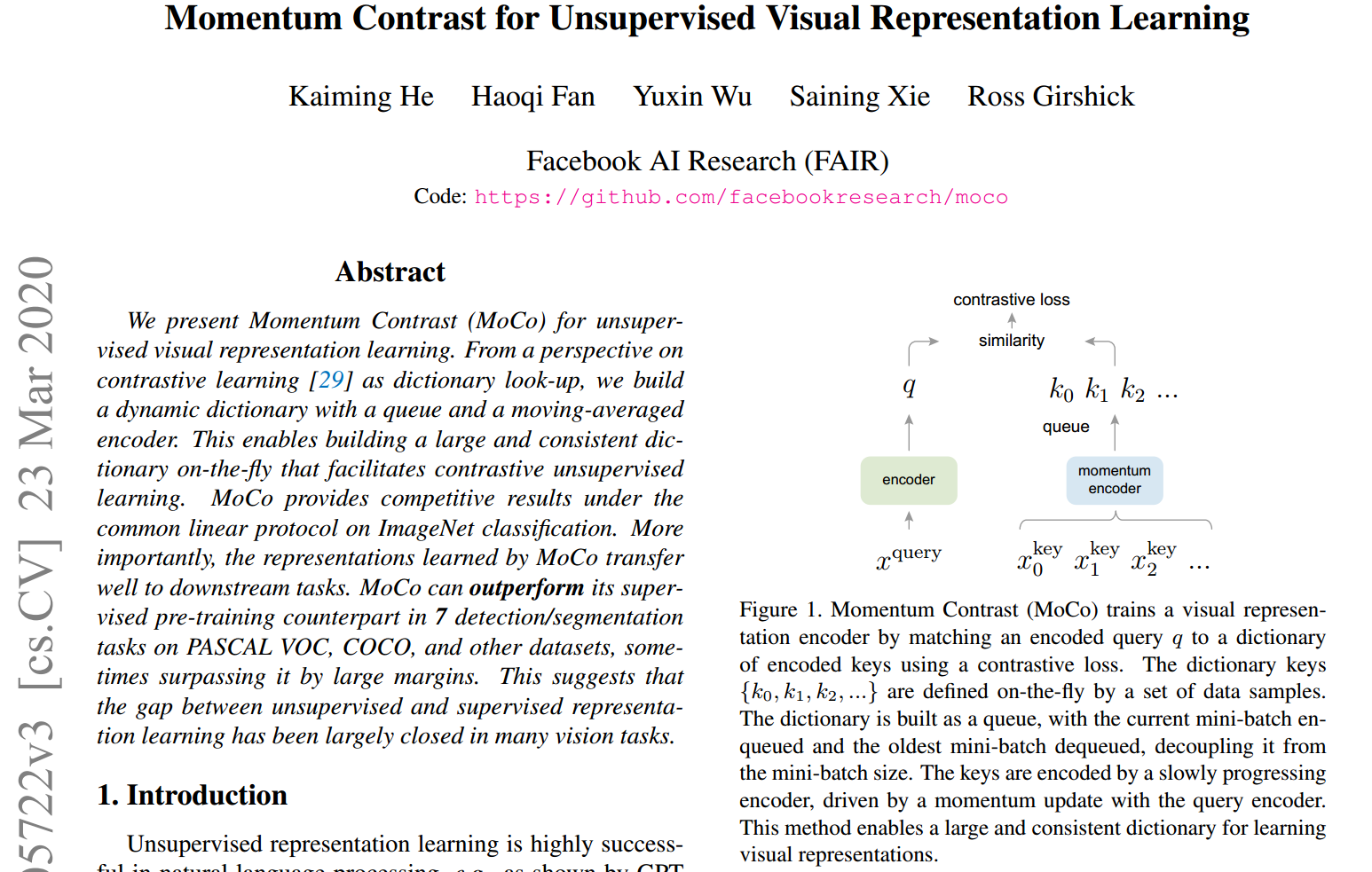 论文解读：(MoCo)Momentum Contrast for Unsupervised Visual Representation Learning