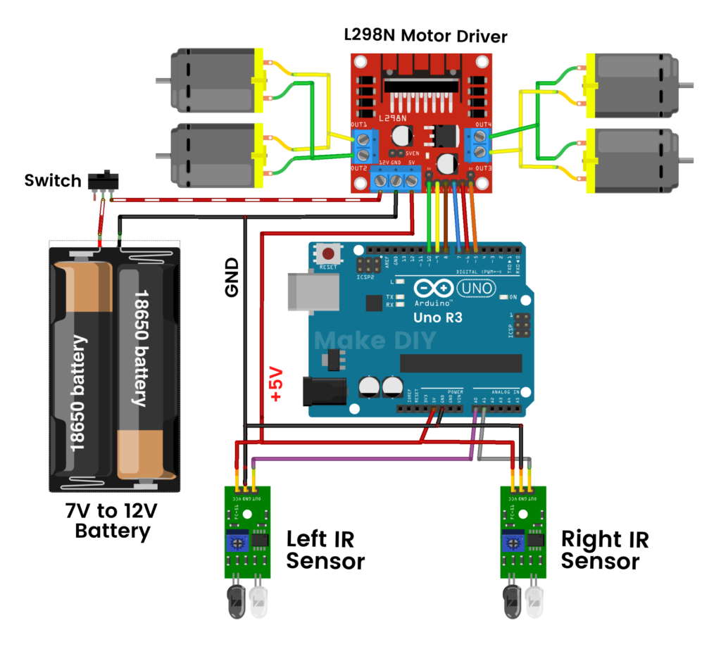 Arduino线路跟随机器人，带红外传感器，Arduino Uno和L298N电机驱动器