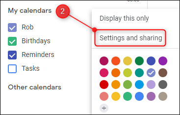 The "Settings and sharing" options