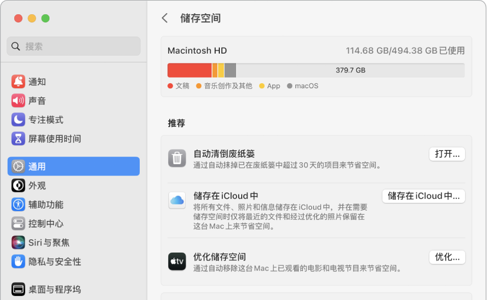 储存空间的“推荐”设置，显示“储存在 iCloud 中”、“优化储存空间”和“自动清倒废纸篓”选项。