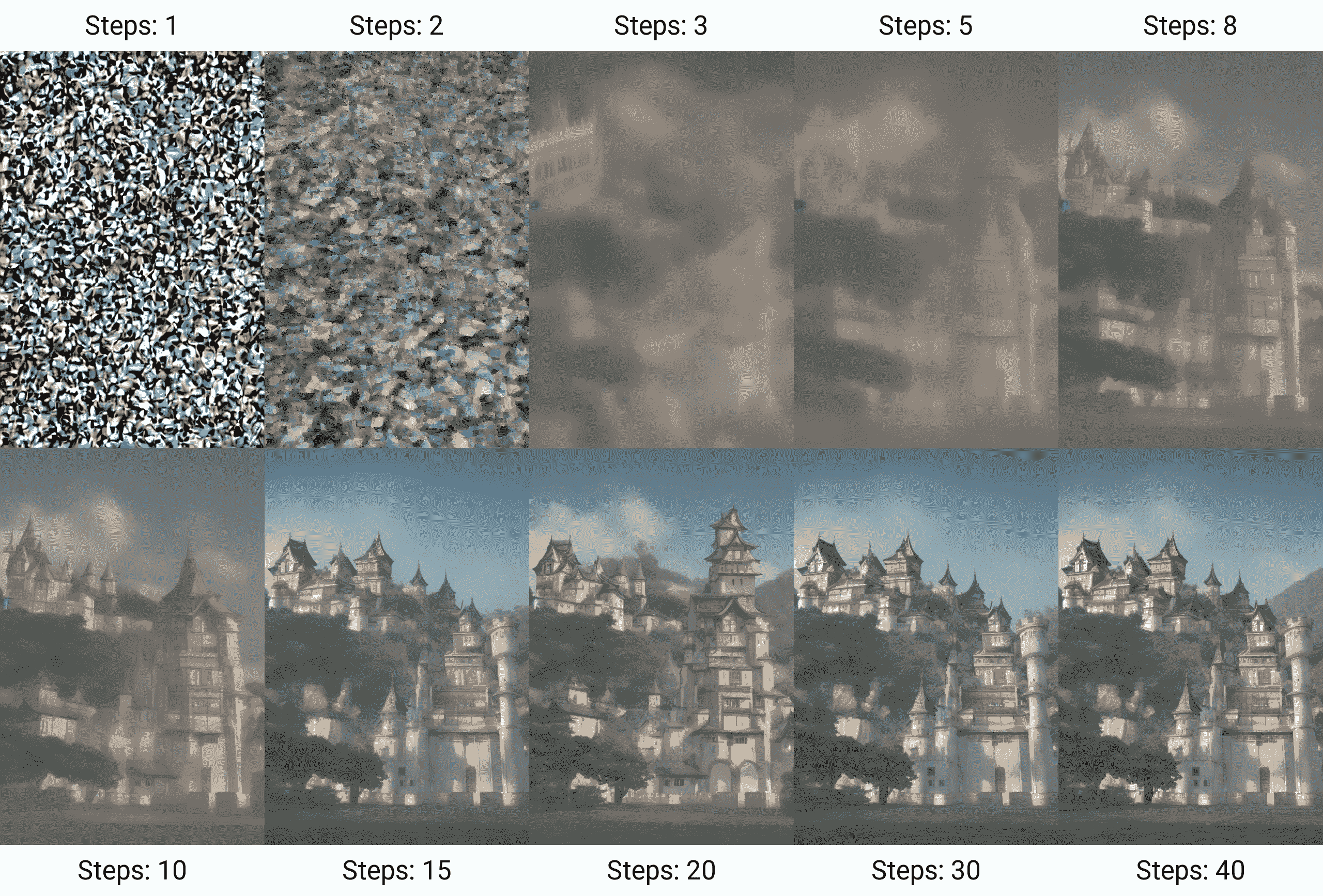 图 1.8：在日本创建的欧洲风格城堡，使用了 Stable Diffusion V1-5 AI 扩散模型。仅展示了 40 个生成步骤中的几步。