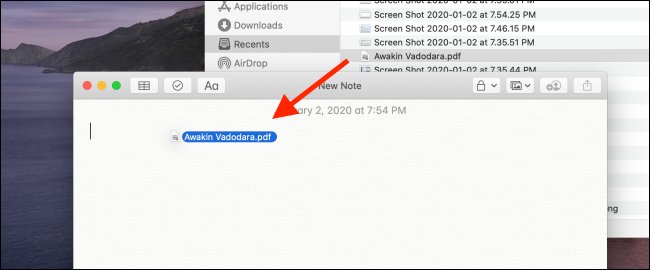 Drag the PDF from Finder to the Notes app.