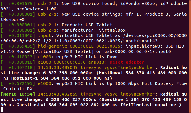 Returning to the "dmesg" screen in a terminal window.