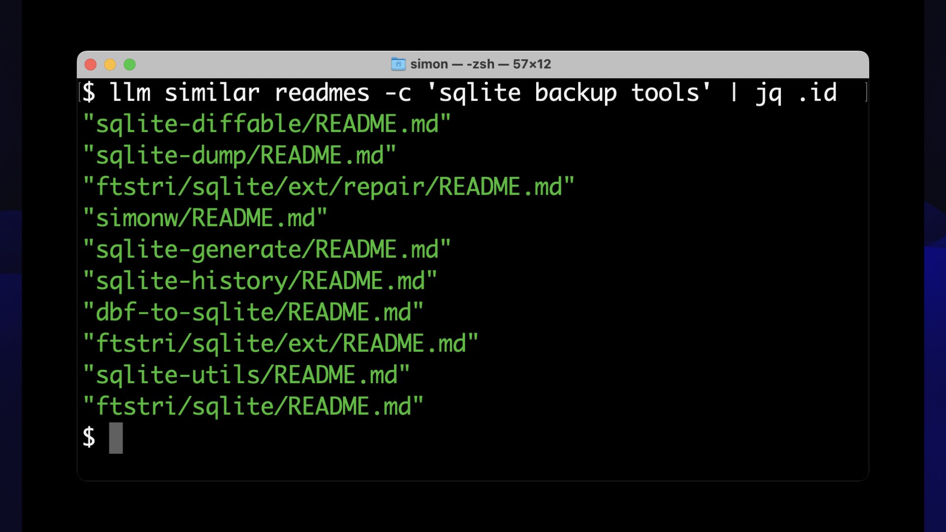 A terminal running llm similar and piping the results through jq