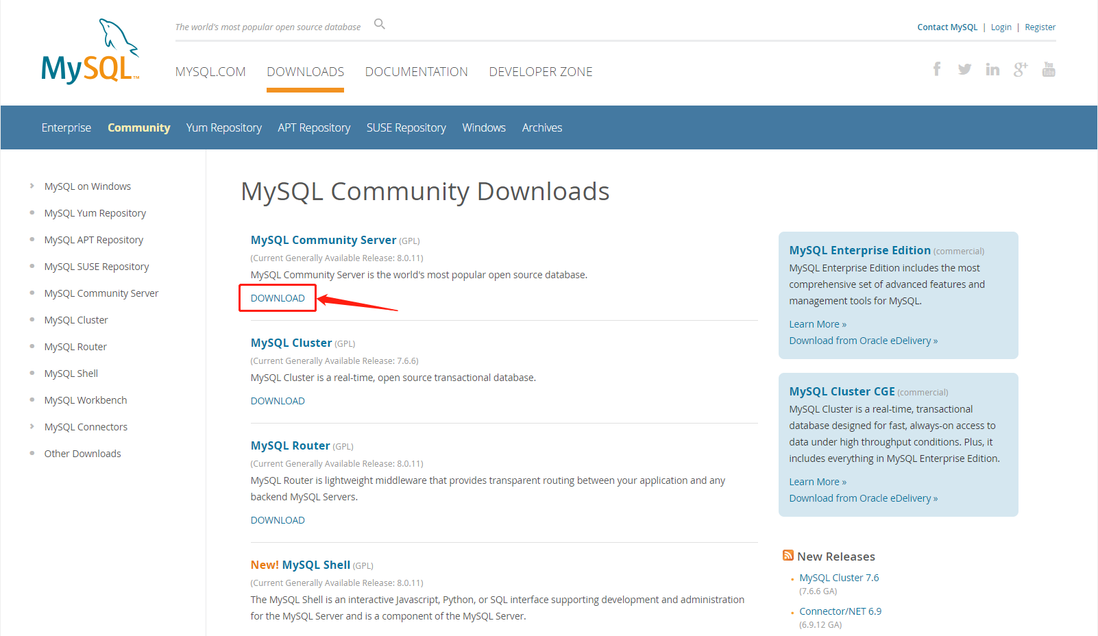 04 点击MySQL Community Server 下的 DOWNLOAD