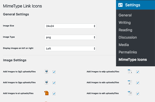 MimeType Link Icon settings