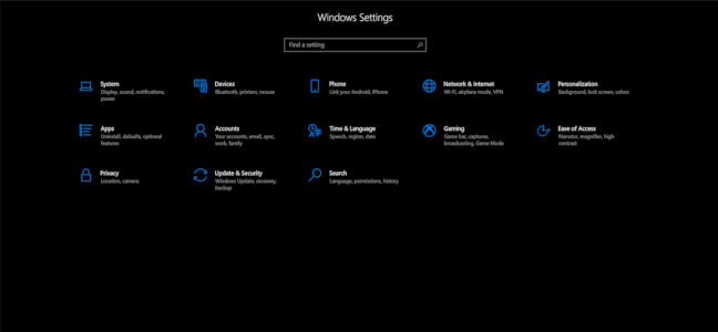Windows 10's blacked out Settings menu.