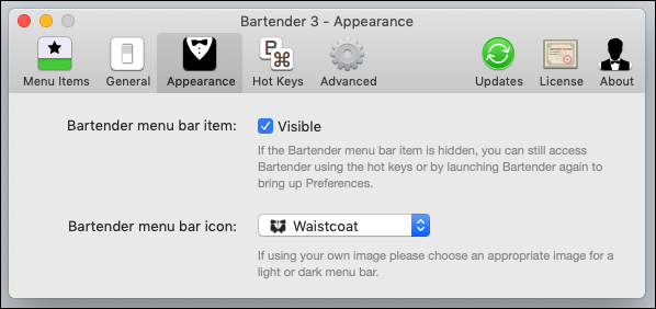 The options in the Bartender "Appearance" tab.