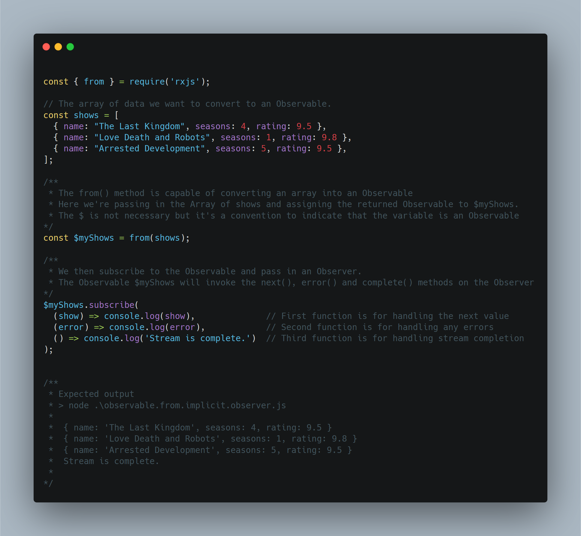 The subscribe() method can also take three functions as parameters that each handle the next(), error() and complete() method