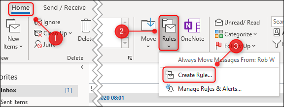 The "Rules" menu with "Create Rule" highlighted.