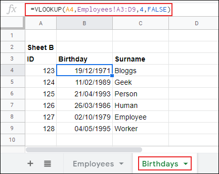VLOOKUP in Google Sheets, returning data from one sheet to another.