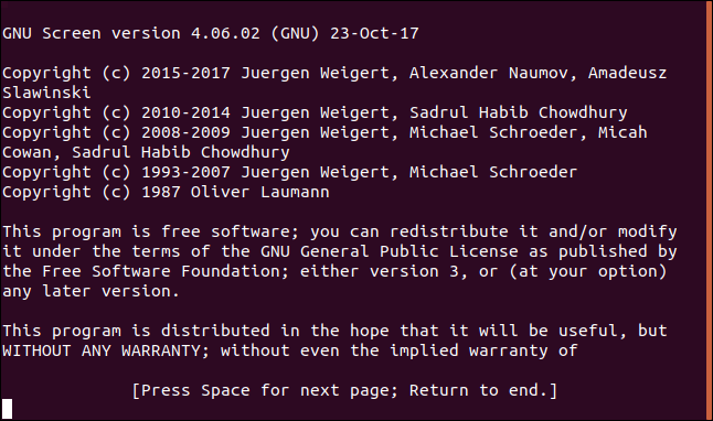 The "screen" command license information in a terminal window.