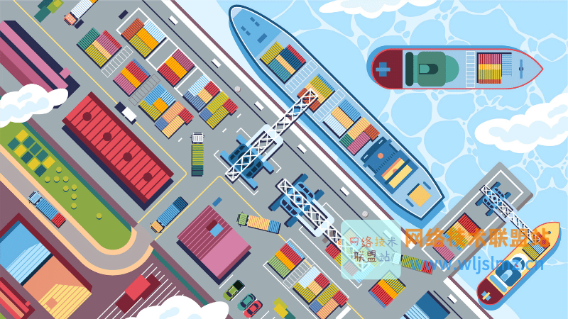 一个港口的多艘船,每艘船都装载着集装箱