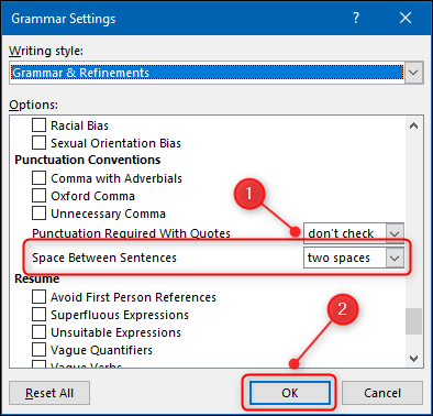 The "Grammar Settings" panel with the "Space Between Sentences" option highlighted.