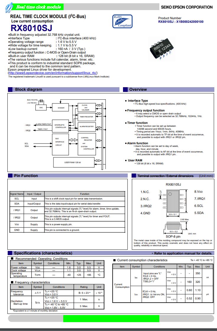 EPSON的实时时钟模块RX8010SJ丰富的定时功能及超低功耗特性