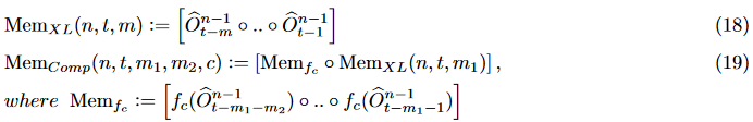 从Transformer-XL开始，引入了段级重现（Segment-Level Recurrence）。如公式18所示，它在最后一层缓存个之前连续段的输出，并将它们连接到当前层的当前段，以扩展当前查询的上下文。这种机制允许将最大可能的依赖距离扩展到，其中可以在GPU内存允许的范围内设置。Segatron通过结合句子级甚至段落级来增强token级PEs，引入了段感知机制。为了进一步扩展多粒度内存缓存的依赖性，Transformer与Transformer-XL一样，为前面的段存储第一个FIFO细粒度内存队列。然而，它并没有丢弃旧内存，而是应用了速率为的压缩函数，沿着长度维度压缩内存，并将其放入大小为的二级FIFO粗粒度压缩内存队列中,如式19所示。