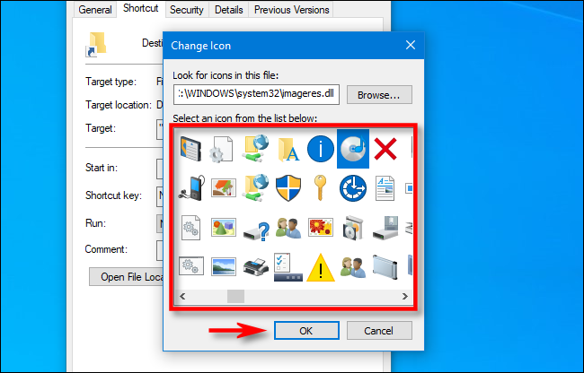 In Windows 10, select the icon you'd like to use for the shortcut and click "OK."