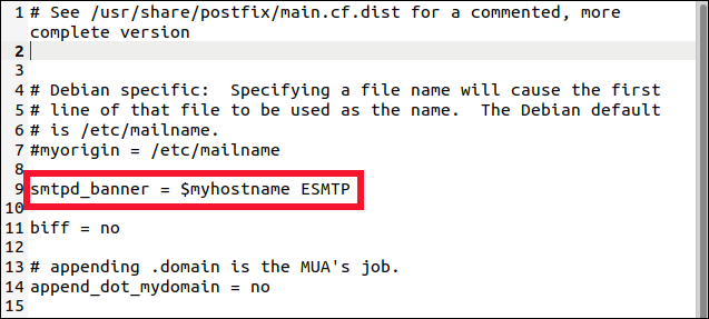 postfix main.cf file in a gedit editor with the edited smtp_banner line highlighted.