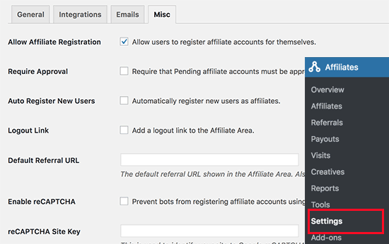 Misc settings